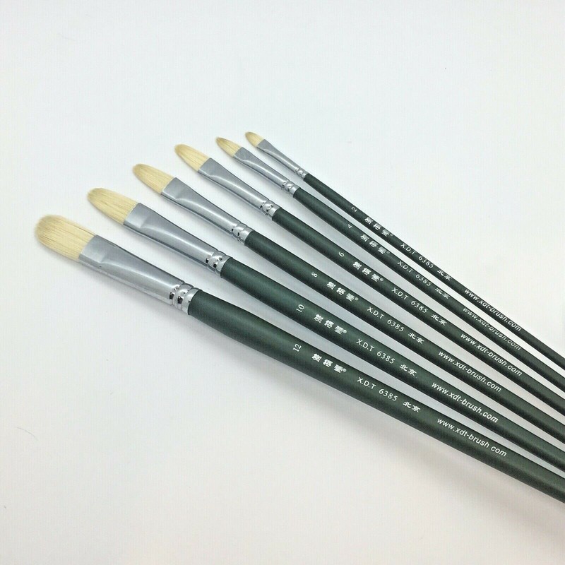 XDT#6385 Filbert Pro Art Brush Set 6 Pc Set Hog Bristle For Oil Acrylic Paint