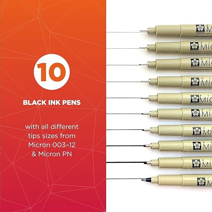 SAKURA Pigma Micron PN Black Fineliners - NEW 10 Pack Assorted Sizes -FAST Ship! gallery
