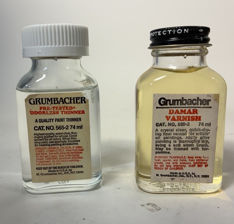 Vtg Grumbacher Artists Supplies Glass Bottle Damar Varnish + Odorless Thinner