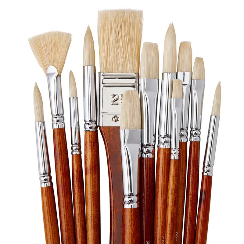 12-Piece Long Handle White Hog Hair Artist Paint Brush Set, Perfect for Acryl…