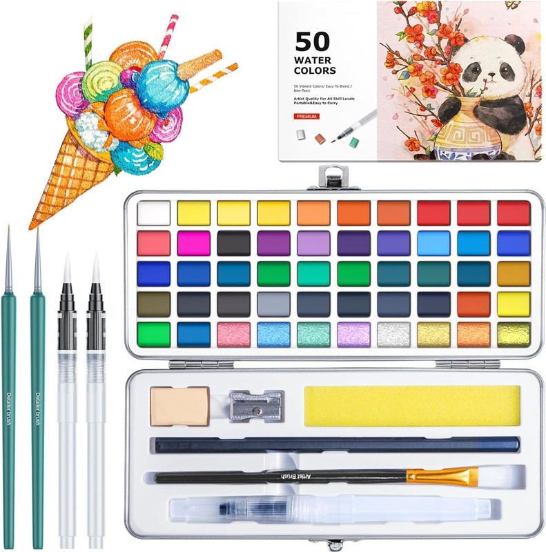 Watercolor Paint Set with 50 Rich Colors,Professional Travel Art Kit with 6 Brus