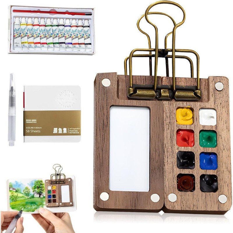 Mini Paint Set Watercolor Pocket Travel Water Color Set with 12 Color Sketchbook