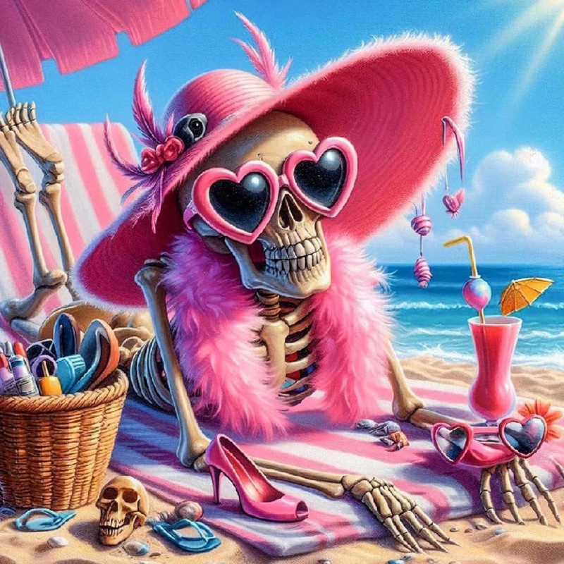 Skeleton Lady in Pink Sunbathing at Beach Skull 5D Diamond Drill Gem Art Kit NEW