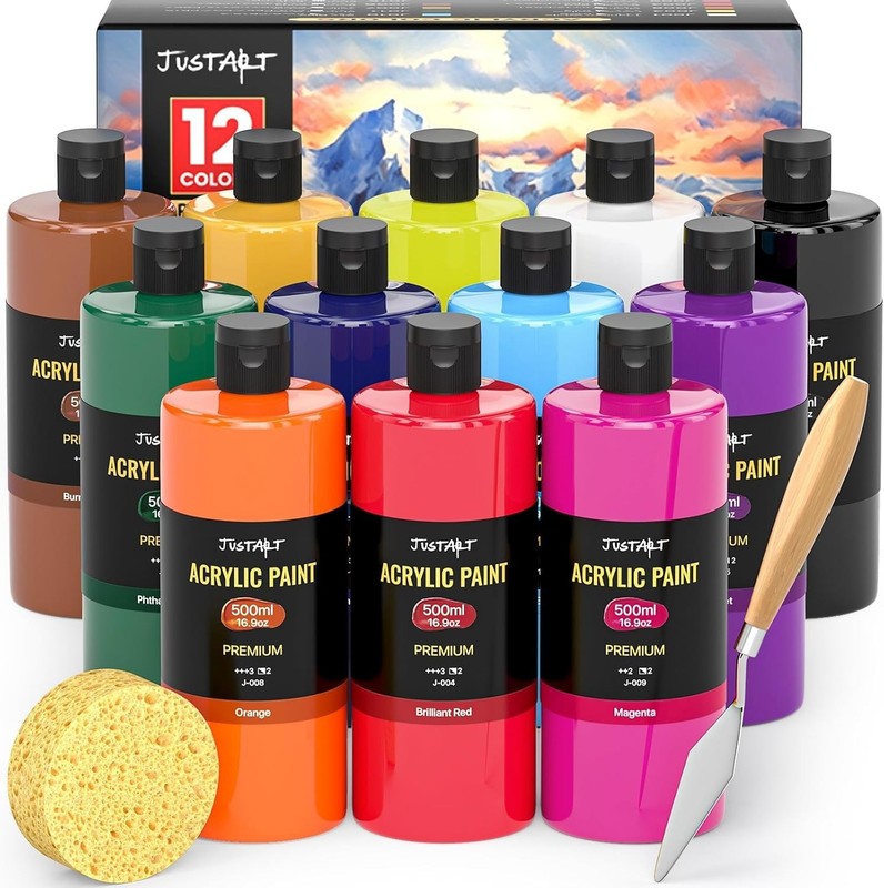 12 Colors Acrylic Paint Set Large Bottles 500ml for Crafts Art Projects Adults