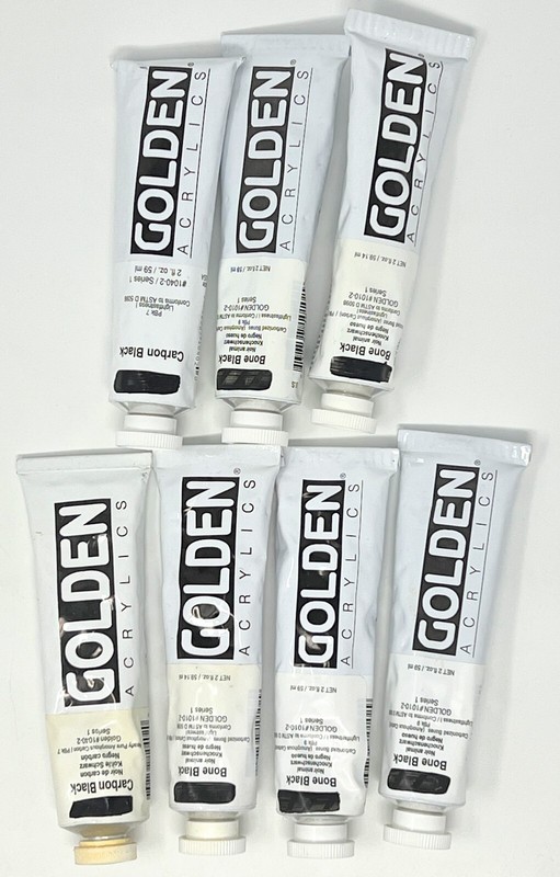 Golden Acrylic 2oz Paint Tube Lot: 7 Assorted BLACK Colors UNUSED
