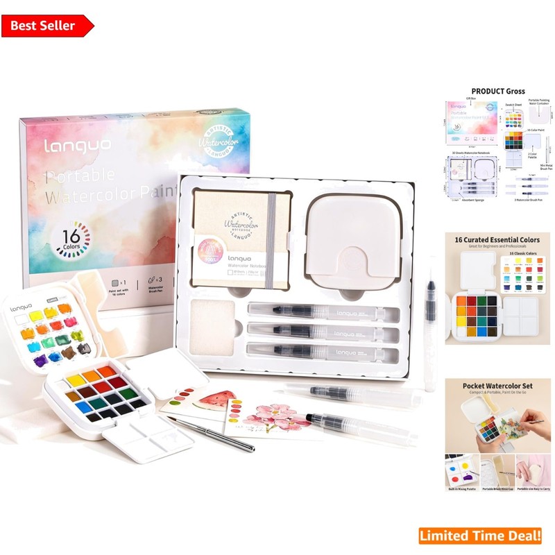 Compact Watercolor Set with 16 Natural Colors, Brushes & Paper Included