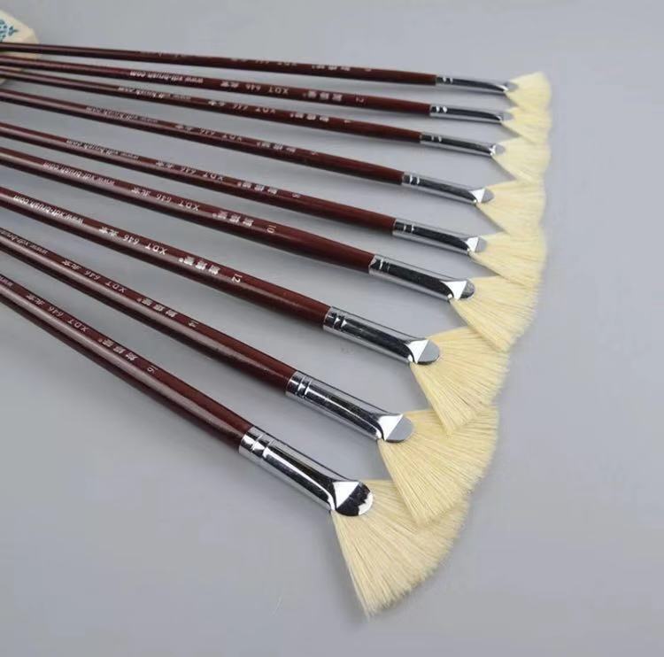 XDT#646 Fan Art Brush 9 Pc #0#2#4#6#8#10#12#14#16 Set Hog Acrylic Oil Watercolor