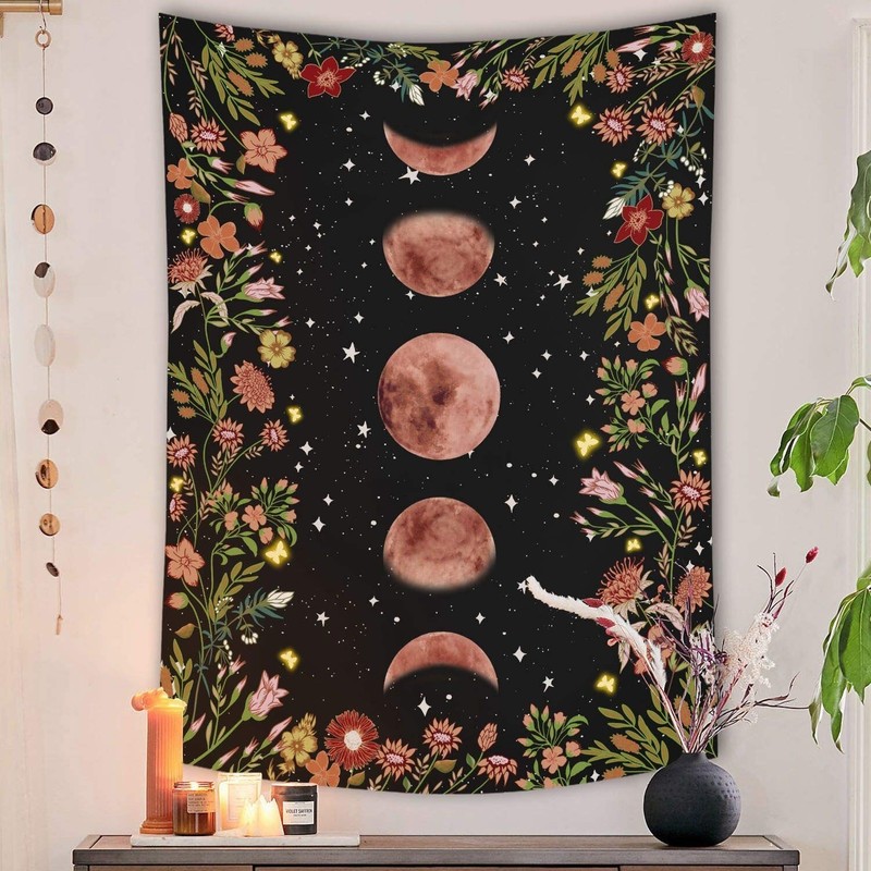 Rexful Moonlit Garden Tapestry, Moon Phase Surrounded by Plants and Flowers B…