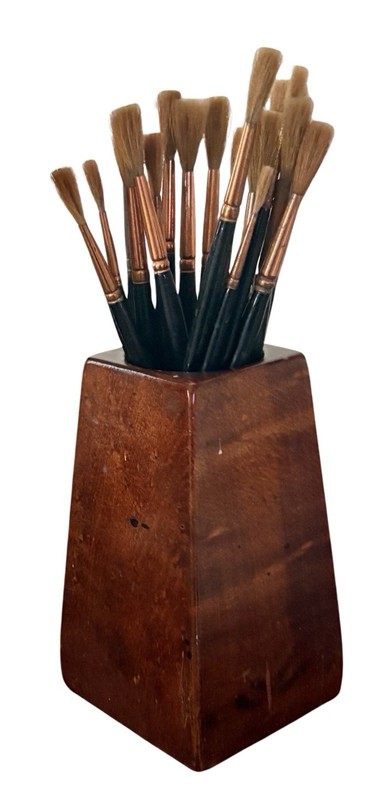 Vintage (1960’s) Custom Hand-Carved Mahogany Wood Paint Brush Holder, 6.25” H