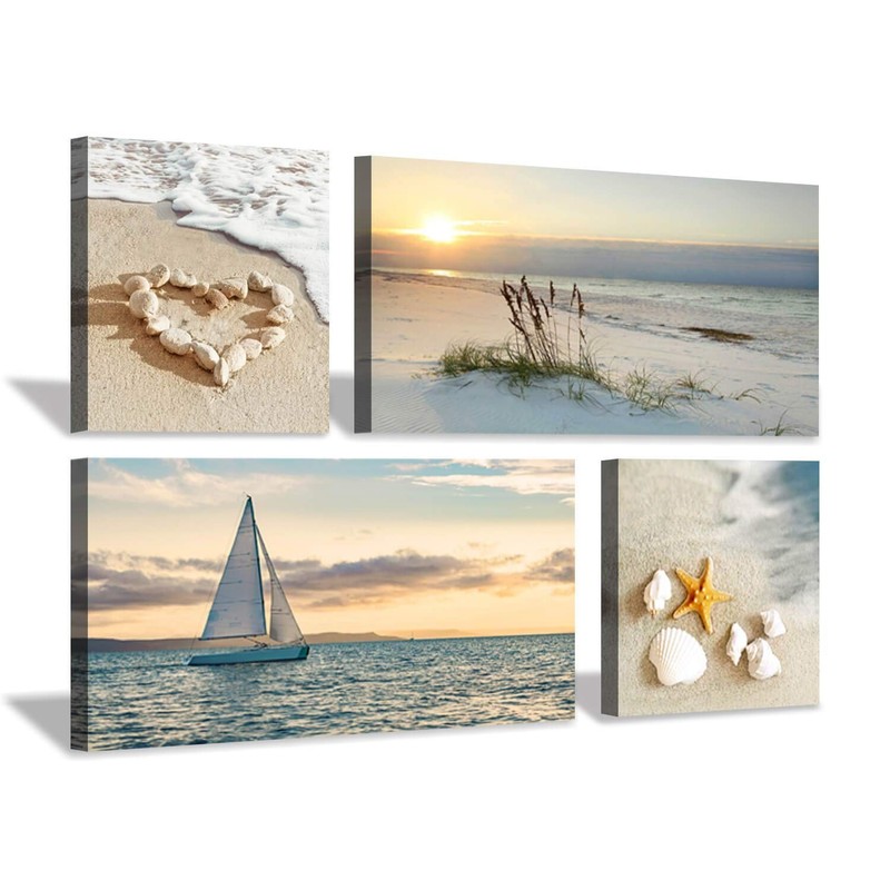 Wall Art: 4pc Beach Sunset Painting, Seascape Canvas Art for Bedroom (24x12x2…