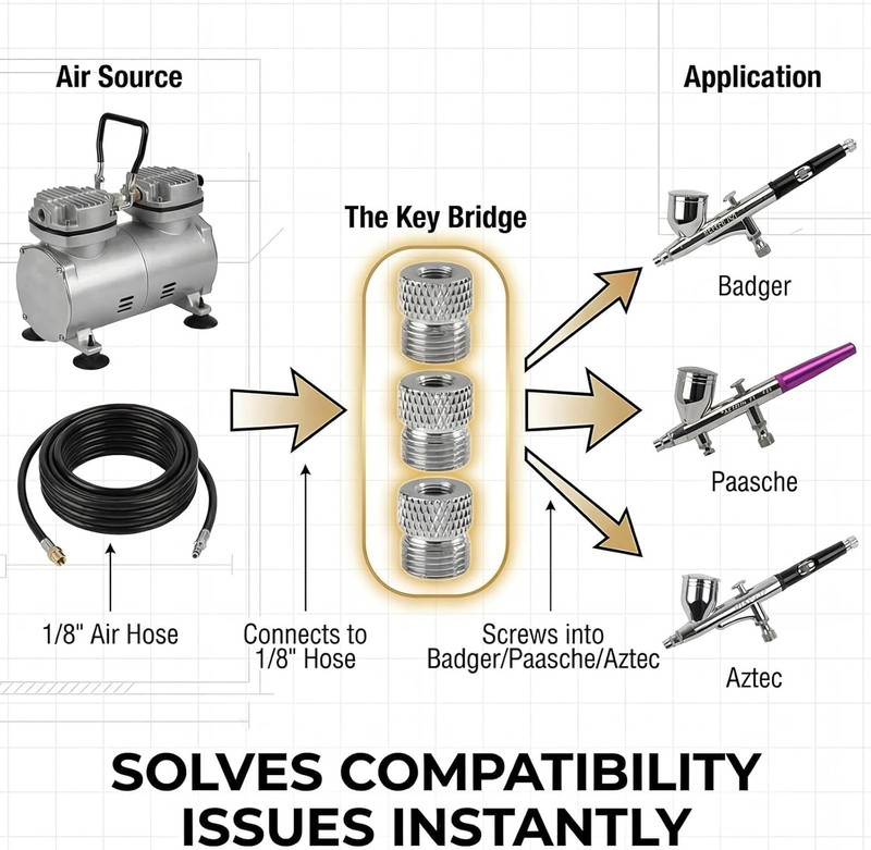 Airbrush Adapter Kit (3-Piece Set) - 1/8" BSP Male & Female Conversion Connector gallery