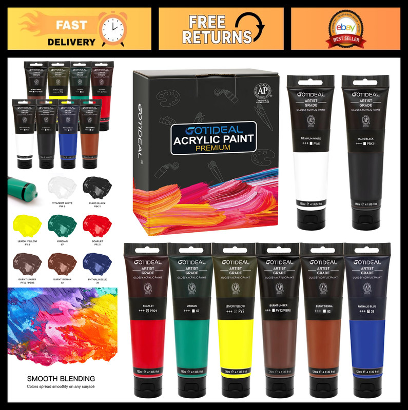 Acrylic Paint Set – 8 Primary Colors (120ml) Non-Toxic, Washable for Canvas, Roc