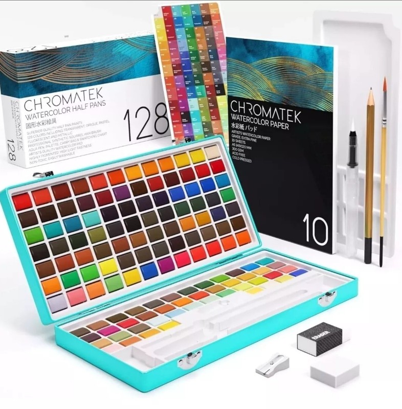 CHROMATEK Watercolor Paint Set, 128 Vivid Colors in Portable Box With Pad, Brush