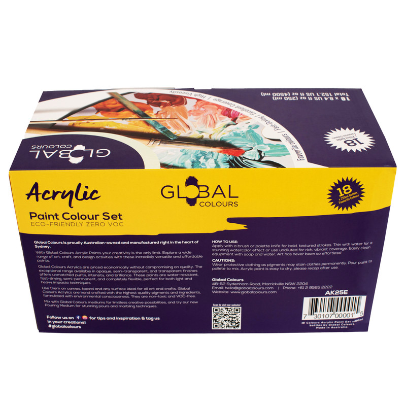 Global Colours Acrylic Paint Set 18 x 250ml Bottles Non-Toxic Made in Australia gallery
