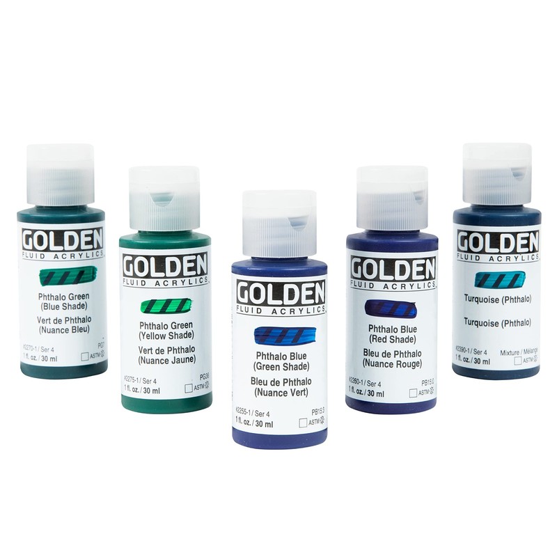 Golden Fluid Acrylic Paint Set - 5 Colors, 0.2 Fl Oz (Pack of 5), Phthalo