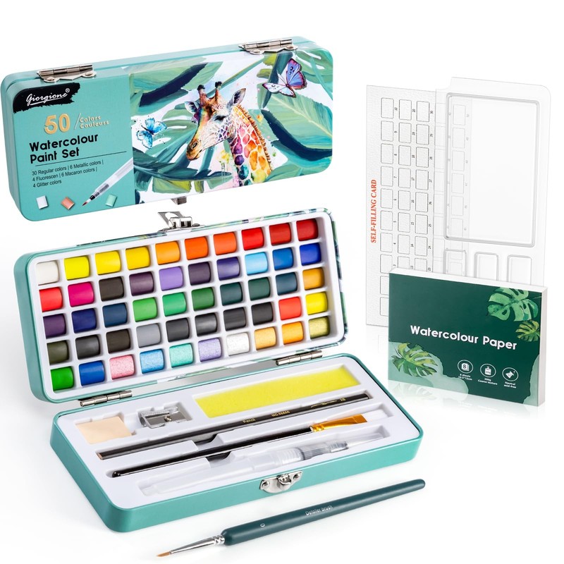 50 Colors Watercolor Paint Set, With Watercolor Paper, Palette, Brushes, Wate…