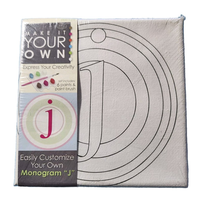 Craft - ART - Monogram Letter "J" Printed canvas with Paint and brush - 5" x 5"