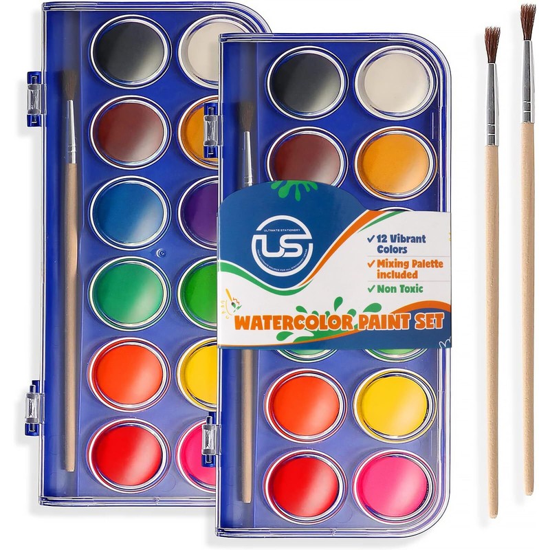 2 Pack Watercolor Paint Set 12 Vivid Colors Includes Watercolour Mixing Palet...
