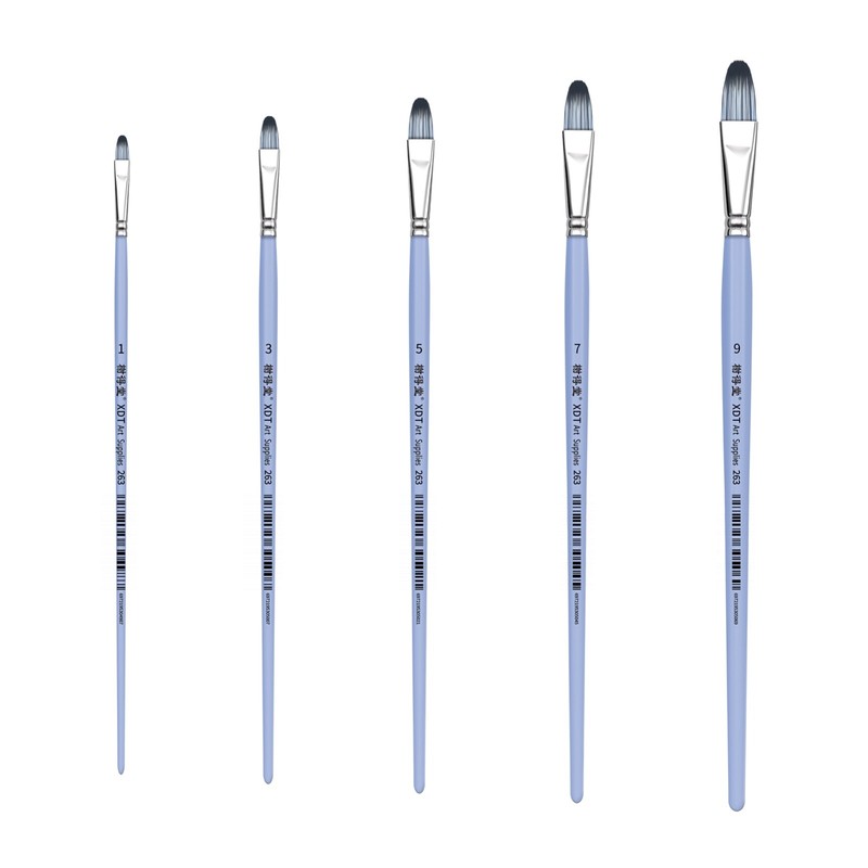 XDT#263-1 Filbert Art Brush 5Pc #1#3#5#7#9 Ex-Stiff Nylon Acrylic Oil Watercolor