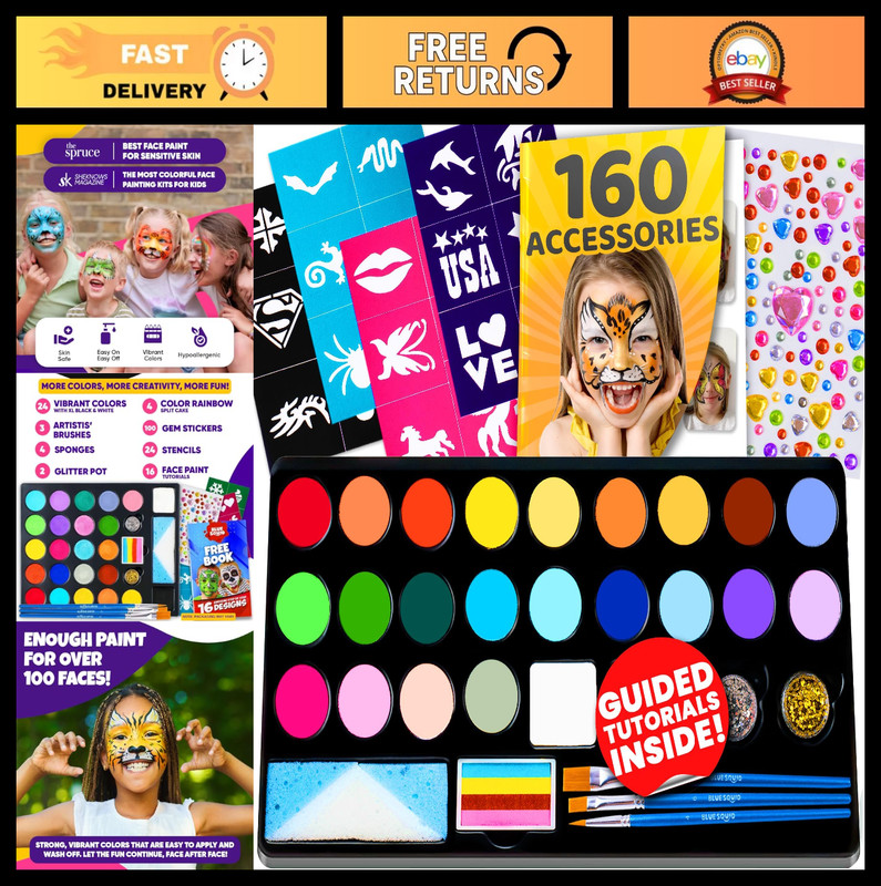 28 Color Face Painting Kit – Non-Toxic Washable Face Paint with 160 Accessories