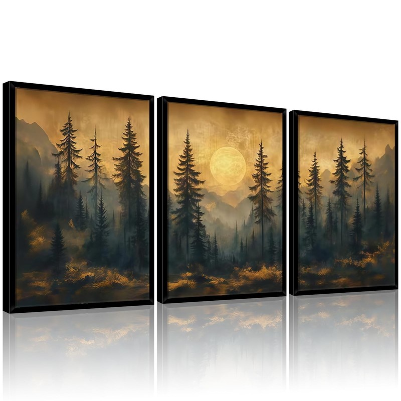 Framed 3pcs Vintage Pine Forest Wall Art Nature Landscape Full Moon Canvas Pr…