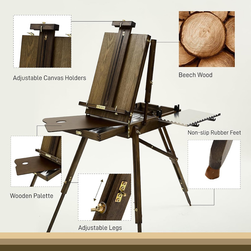 French Easel for Painting, Deluxe Beech Wooden Field & Studio Sketchbox Easel St gallery
