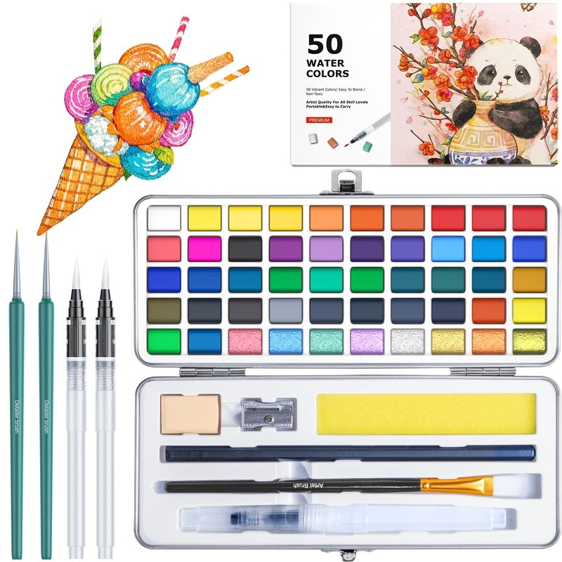 Watercolor Paint Set with 50 Rich Colors,Professional Travel Art Kit with 6 B...