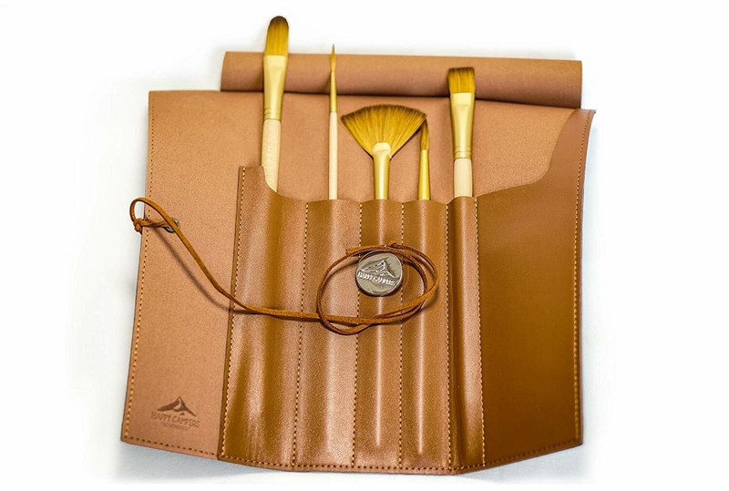 5 Piece Travel Paintbrush Set for Watercolor Oil Acrylic w Roll Travel Case