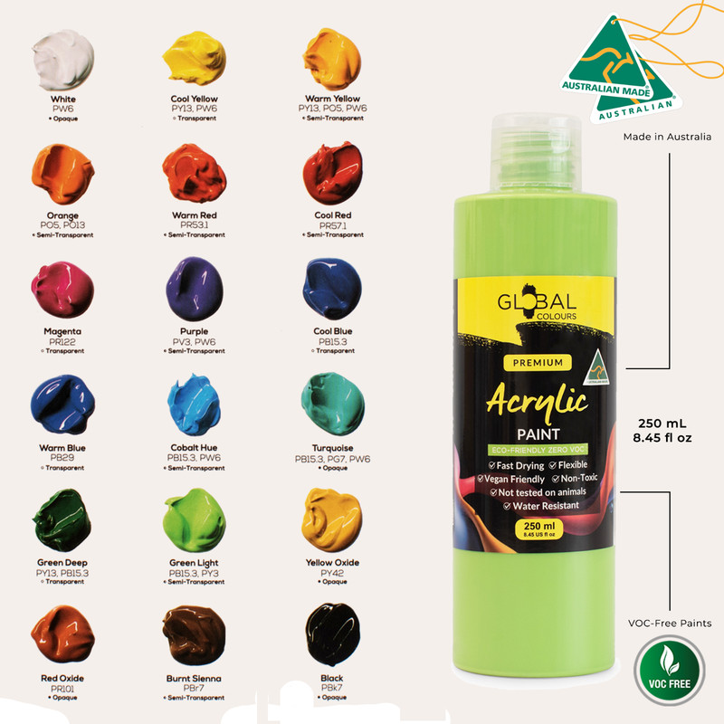 Global Colours Acrylic Paint Set 18 x 250ml Bottles Non-Toxic Made in Australia gallery