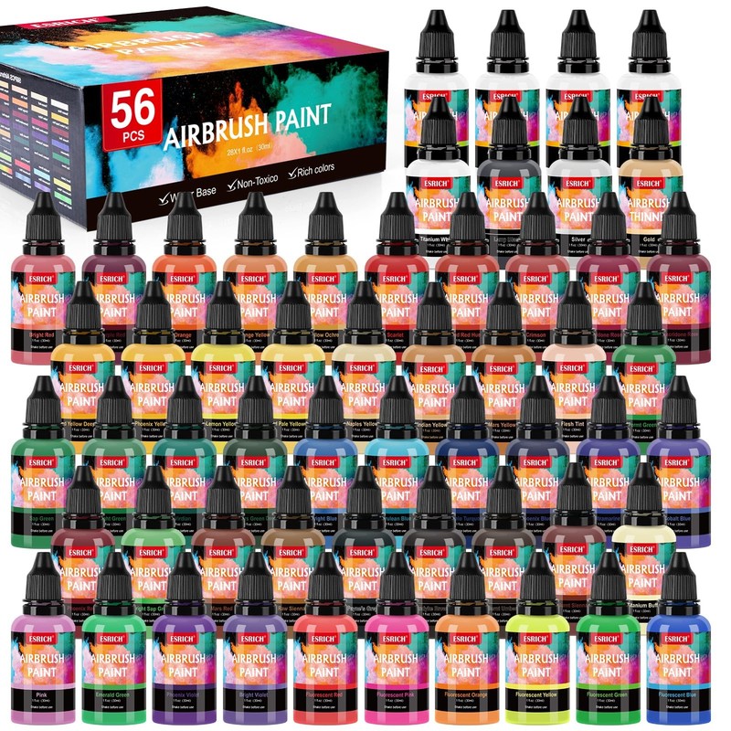 ESRICH Airbrush Paint 52 Colors (1 Oz) with 4 Thinner,Air Brush Painting Set