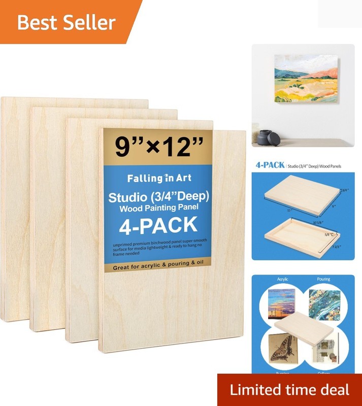 Unfinished Birch Wood Canvas Panels Kit, 4 Pack of 9x12’’ Studio 3/4’’ Deep C...
