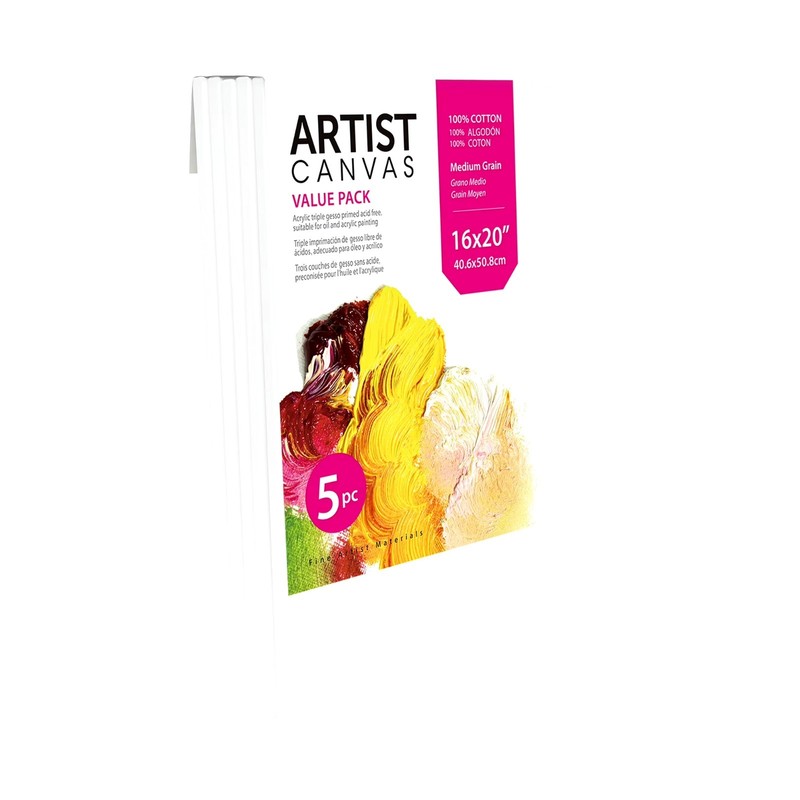 Studio Stretched Canvas, 100% Cotton Acid Free White Canvas, 16"x20", 5 Pieces,