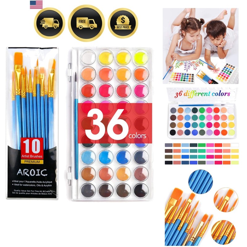 Watercolor Paint Set 36 Colors with 10 Brushes Non Toxic Washable Art Supplies