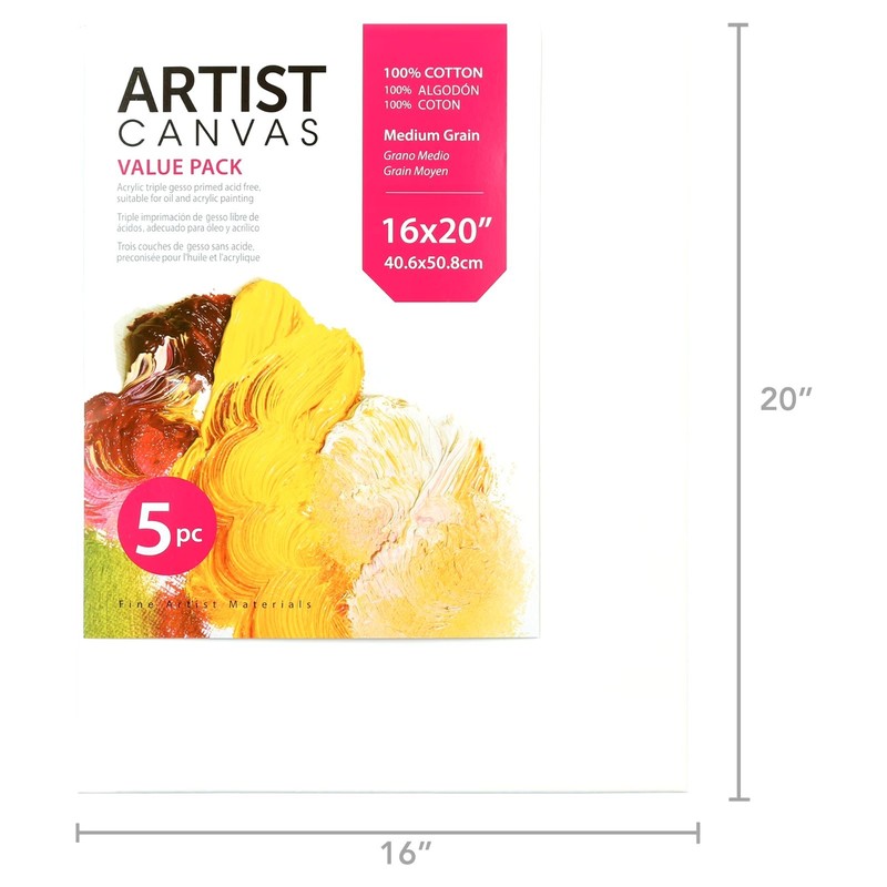 Studio Stretched Canvas, 100% Cotton Acid Free White Canvas, 16"x20", 5 Pieces, gallery