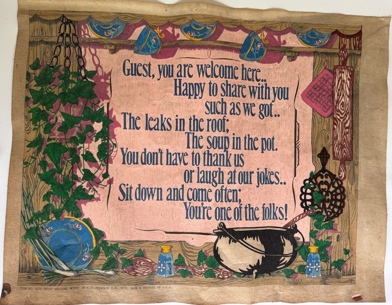 Vintage 1960s Fabric Paint by Number Guest Welcome Motto 16×20 Kitsch MCM