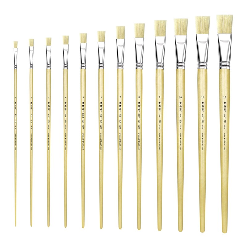 XDT#579 Flat Art Brush Set Hog Bristle X-Long Handle Acrylic Oil Watercolor
