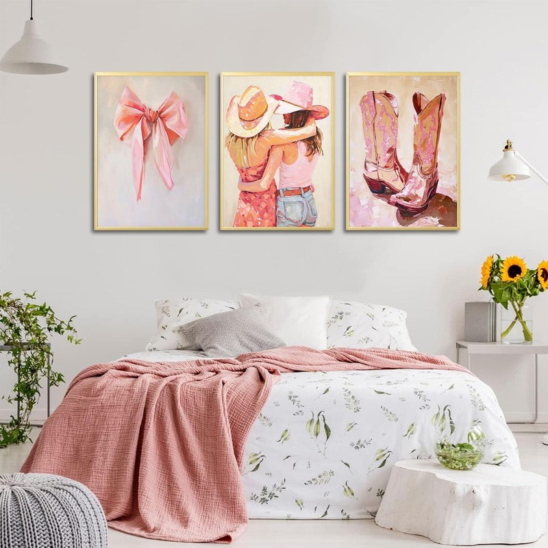 3Pcs Pink Cowgirl Canvas Wall art Western Boots Coquette Bow Girls Painting P... gallery