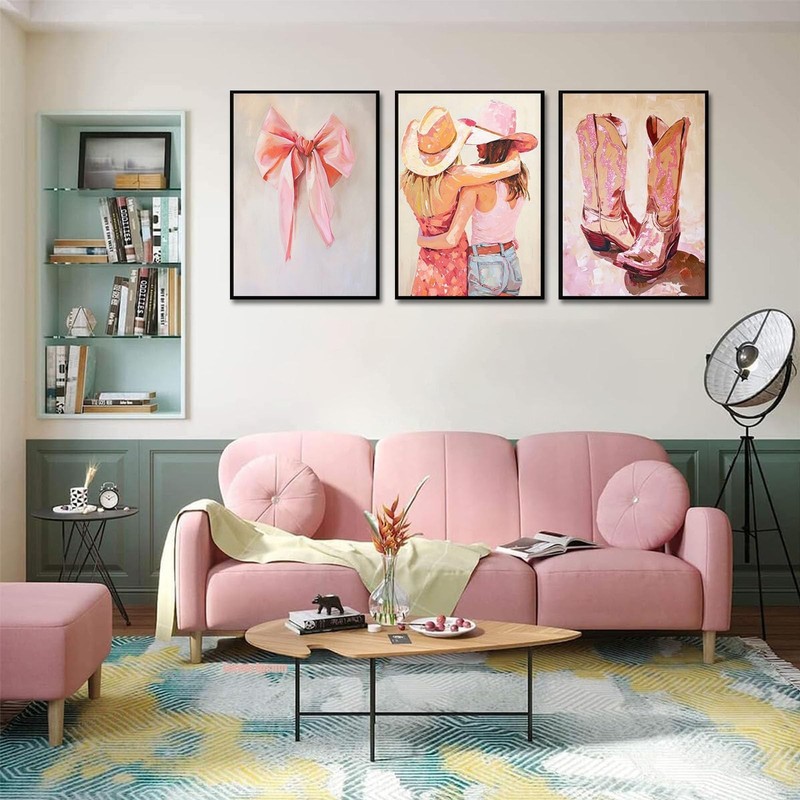 3Pcs Pink Cowgirl Canvas Wall art Western Boots Coquette Bow Girls Painting P... gallery