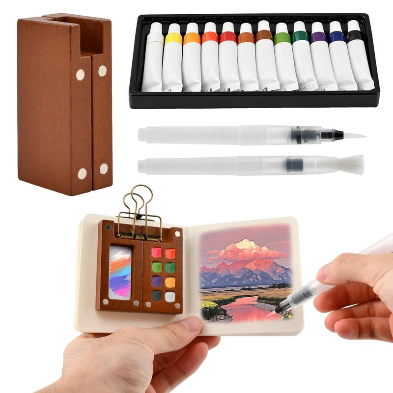 Mini Watercolor Paint Set – 9pcs Travel Kit: 1 Count (Pack of 9), Multi-color