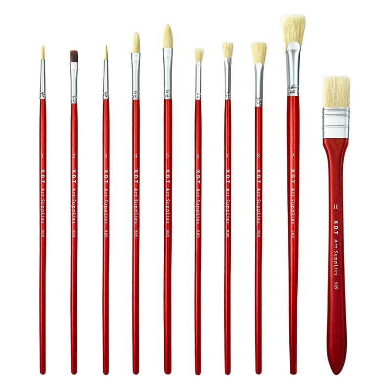 XDT#989-3 Assorted Art Brush Set 10Pc X-Long Handle Acrylic Oil Watercolor