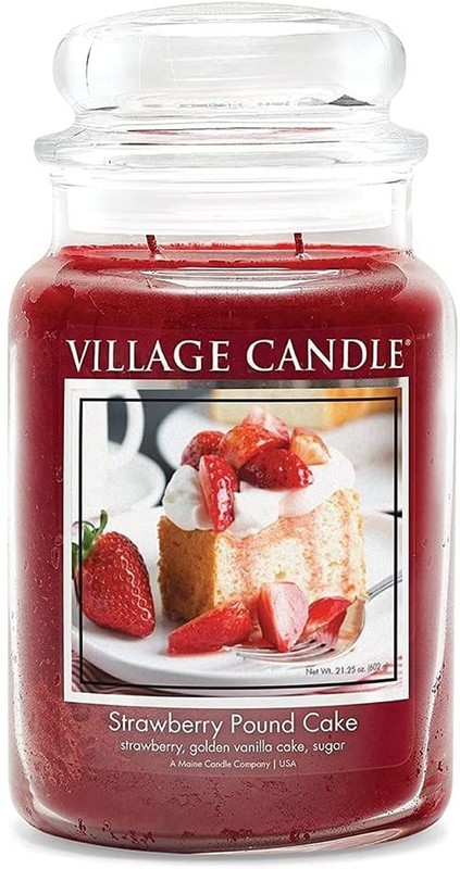 Village Candle Strawberry Pound Cake, Large Glass Apothecary Jar 21.25oz, Red