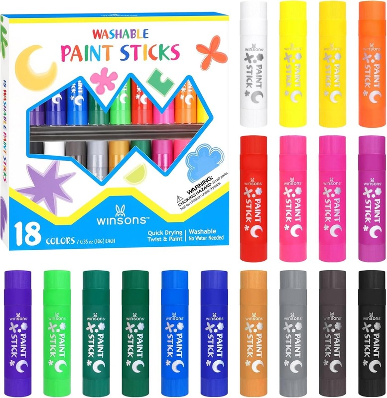 Tempera Paint Sticks for Kids, 18 Vibrant Colors, Washable, Quick Dry, Non-Toxic