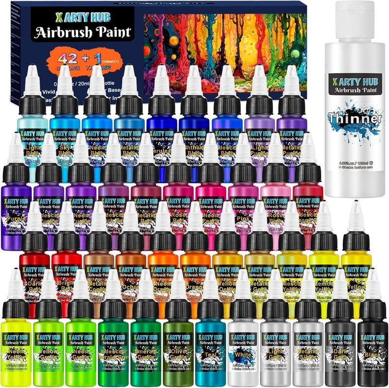 Airbrush Paint - 42 Colors with 4.05 Fl Oz Thinner, Iridescent, Neon and Metalli