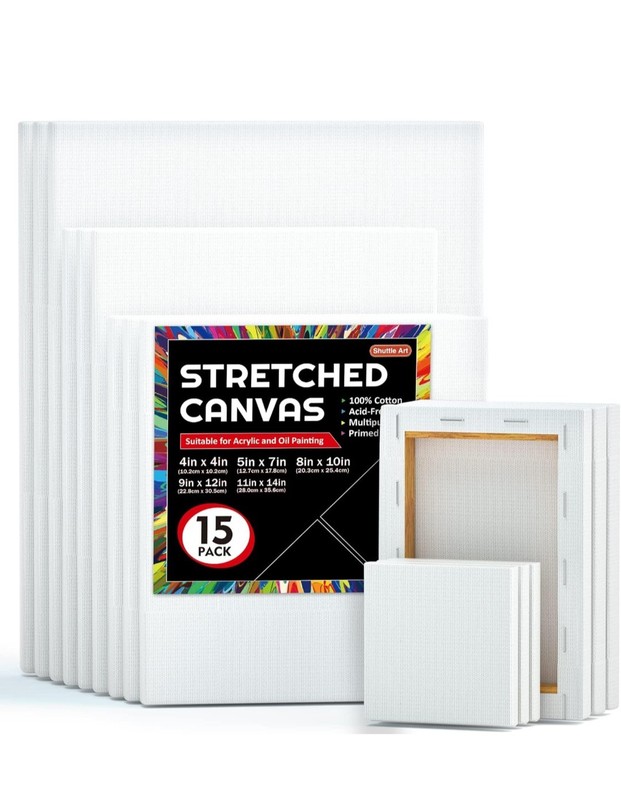 Stretched Canvas, 15 Multi Pack, 4x4, 5 x 7, 8 x 10, 9x12, 11 x 14 Inches (3 ...