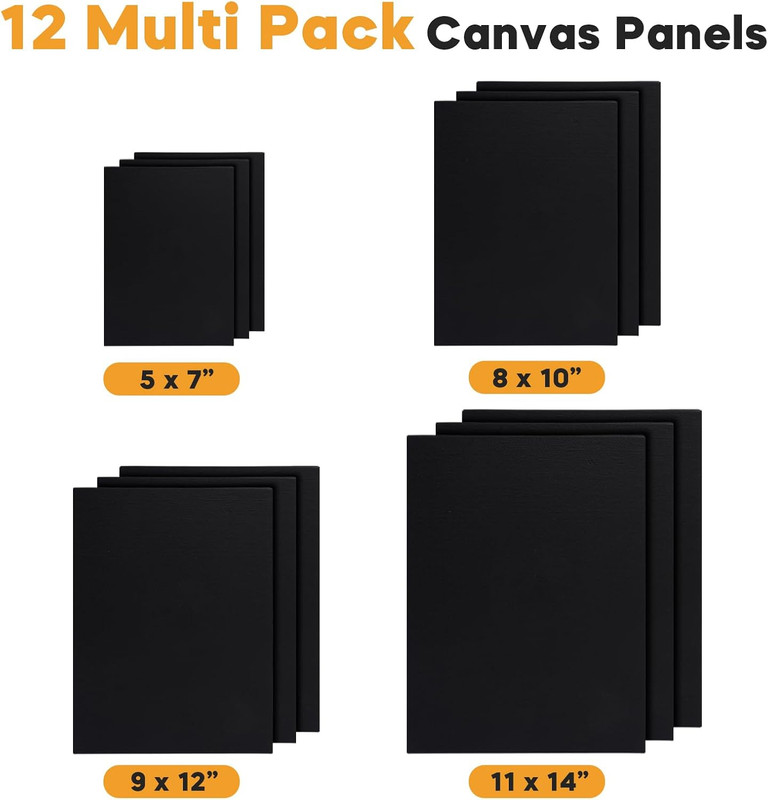 Black Canvas Board for Painting, 12 Pack Multi Size 11X14, 9X12, 8X10, 5X7(3 of gallery