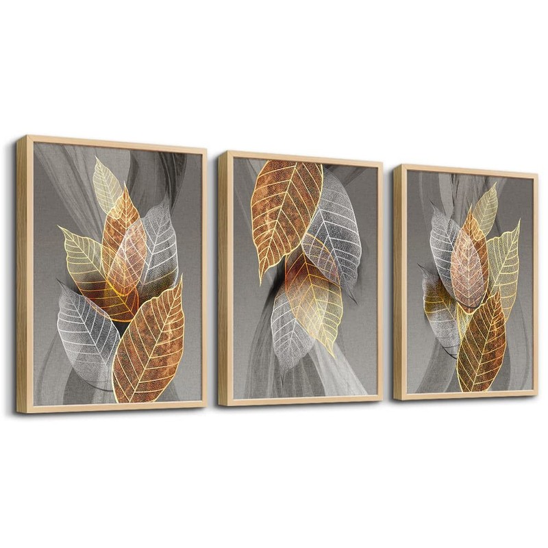 Natural Framed Canvas Wall Art – 3 Piece Abstract Leaves Prints for Living Ro…