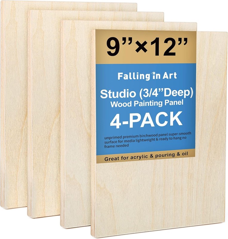 Unfinished Birch Wood Canvas Panels Kit, 4 Pack of 9×12’’ Studio 3/4’’ Deep C…