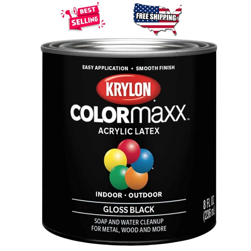 Acrylic Latex Paint 8oz Gloss Black Indoor Outdoor Multi Surface Rust Resistant