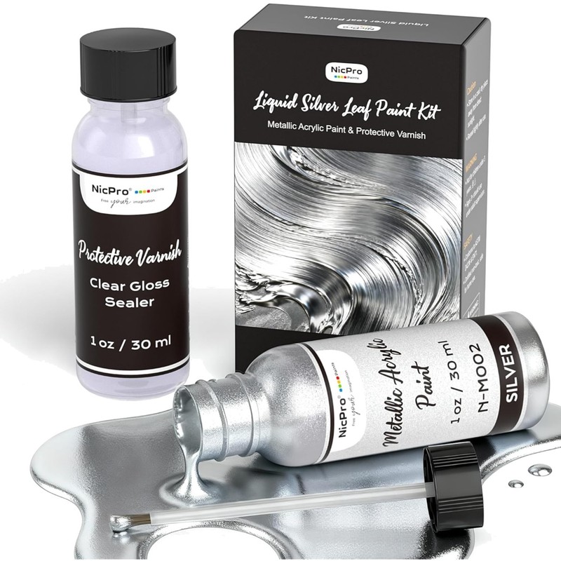 Liquid Silver Leaf Paint Kit 2x1Oz Metallic Acrylic Non-Toxic Chrome for Crafts