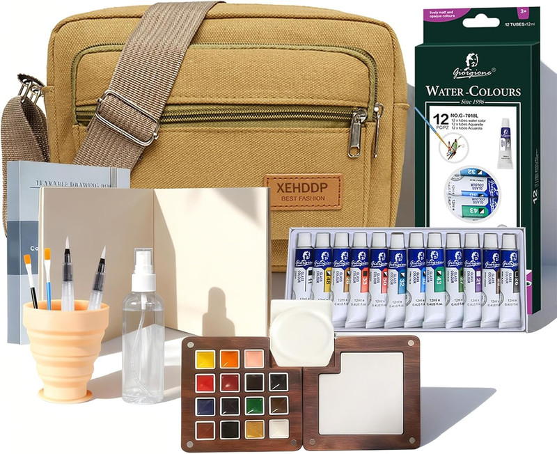 Mini Portable Watercolor Palette,Travel Paint kit,15 Grids Portable Wooden Paint